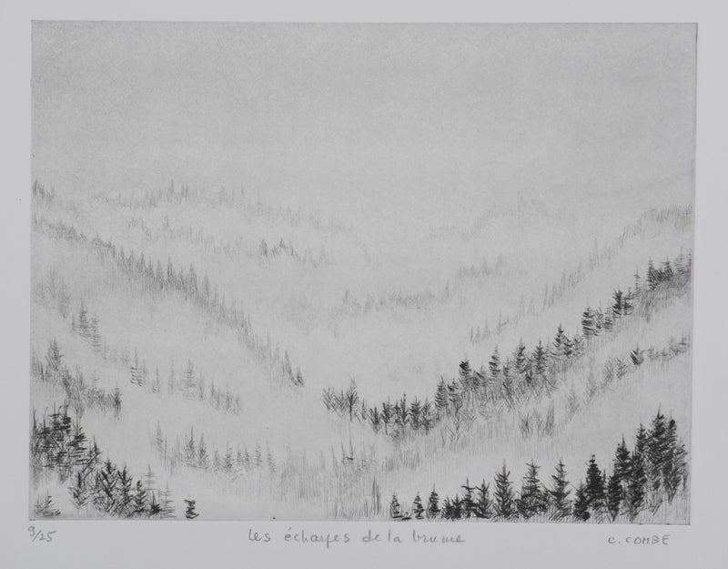Camille COMBE : Les écharpes et la brume, Gravure originale signée