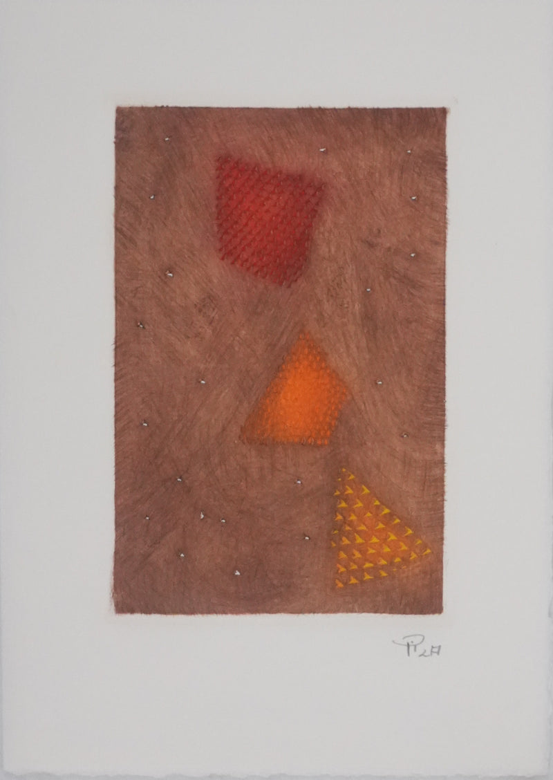 Arthur Luiz PIZA : Composition aux triangles rouges et jaunes, Gravure originale signée