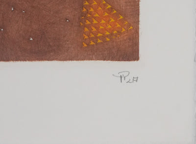 Arthur Luiz PIZA : Composition aux triangles rouges et jaunes, Gravure originale signée