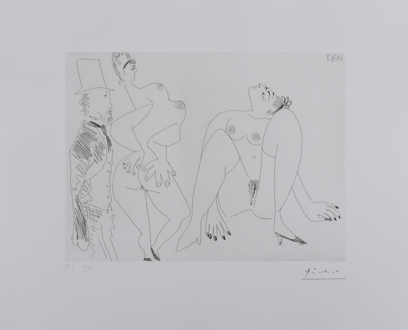 Pablo PICASSO : Les 156, Degas, les mains dans le dos, et deux filles, Gravure originale signée