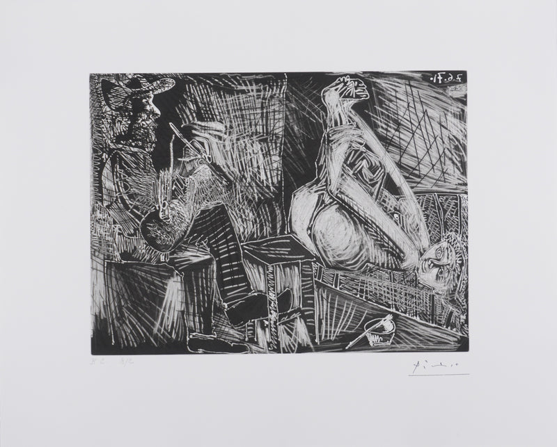 Pablo PICASSO : Les 156, Peintre au sabot et au chausson, avec sa toile, Gravure originale signée