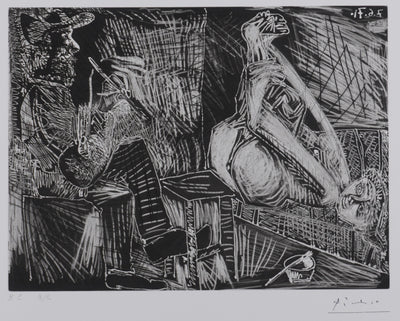 Pablo PICASSO : Les 156, Peintre au sabot et au chausson, avec sa toile, Gravure originale signée