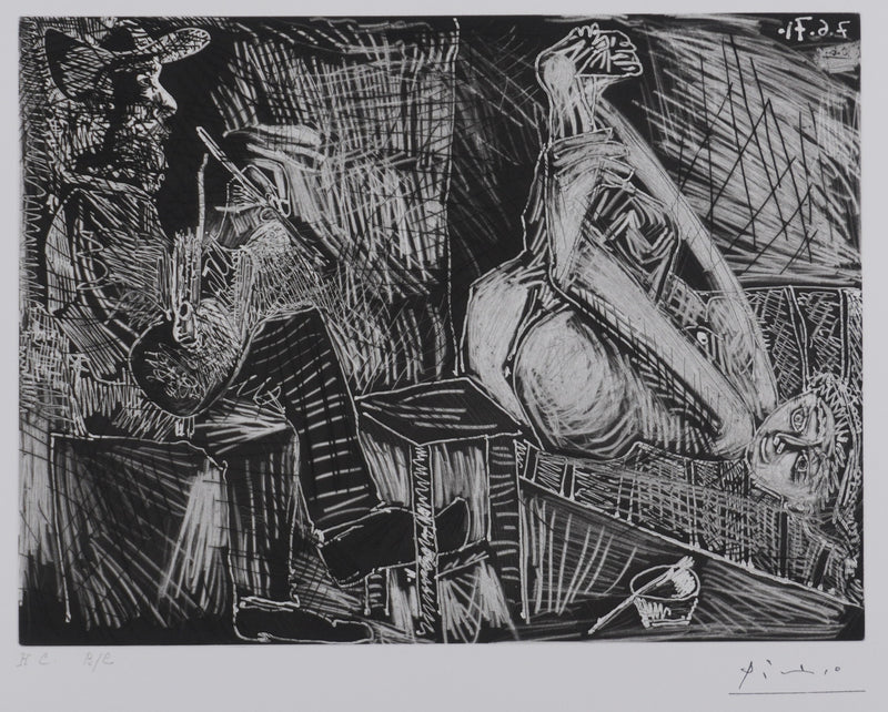 Pablo PICASSO : Les 156, Peintre au sabot et au chausson, avec sa toile, Gravure originale signée