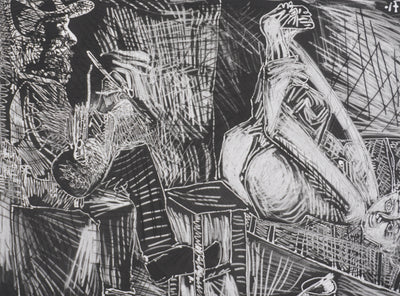 Pablo PICASSO : Les 156, Peintre au sabot et au chausson, avec sa toile, Gravure originale signée