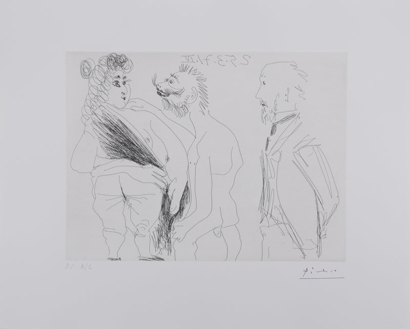 Pablo PICASSO : Les 156, Scène de séduction entre un homme dégénéré et une prostituée…, Gravure originale signée