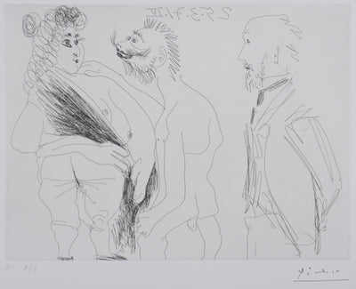 Pablo PICASSO : Les 156, Scène de séduction entre un homme dégénéré et une prostituée…, Gravure originale signée
