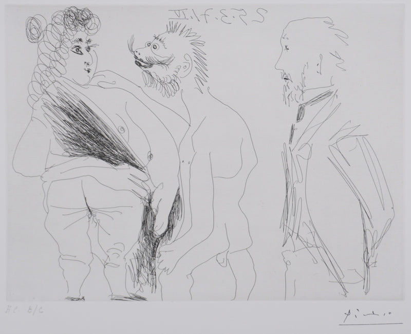 Pablo PICASSO : Les 156, Scène de séduction entre un homme dégénéré et une prostituée…, Gravure originale signée
