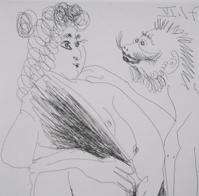 Pablo PICASSO : Les 156, Scène de séduction entre un homme dégénéré et une prostituée…, Gravure originale signée