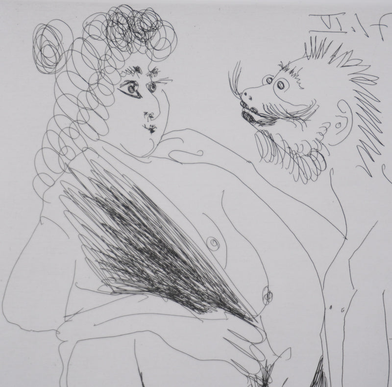 Pablo PICASSO : Les 156, Scène de séduction entre un homme dégénéré et une prostituée…, Gravure originale signée