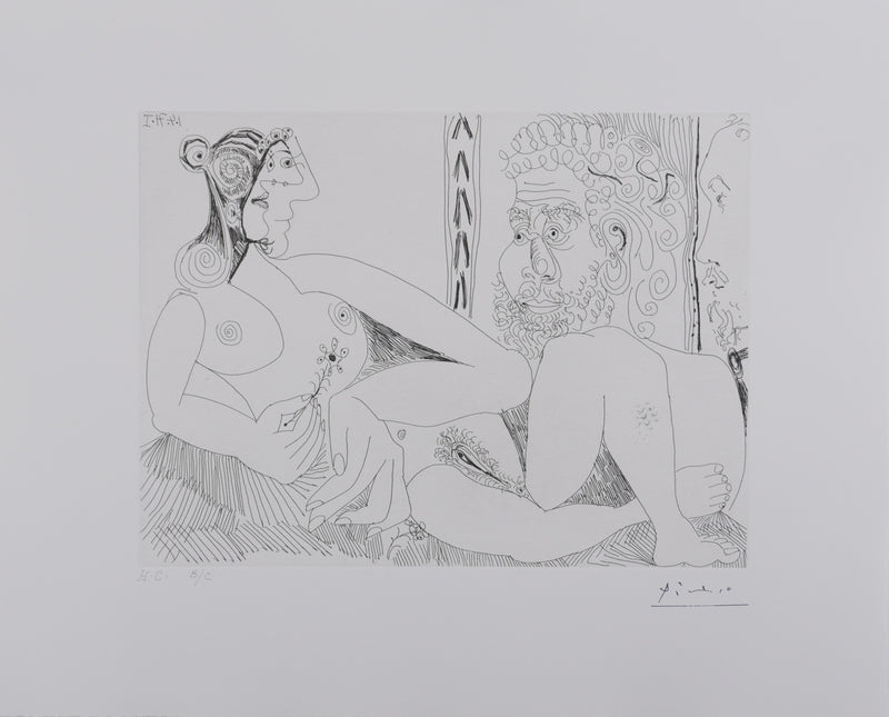 Pablo PICASSO : Les 156, Femme aux fleurs et portrait de barbu..., Gravure originale signée