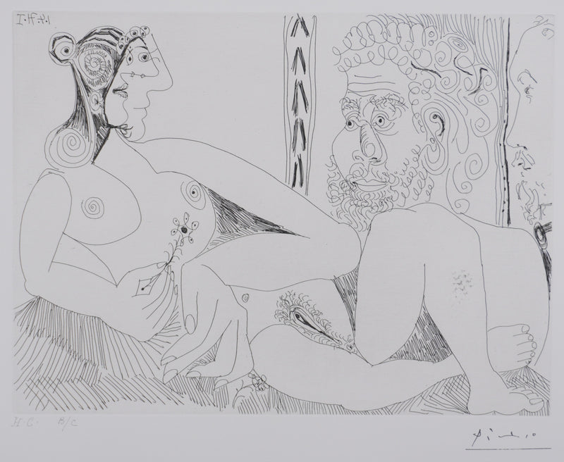 Pablo PICASSO : Les 156, Femme aux fleurs et portrait de barbu..., Gravure originale signée