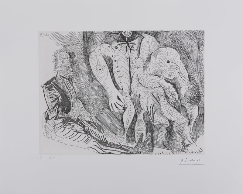Pablo PICASSO : Les 156, Femmes à leur toilette, avec Degas rêvant, Gravure originale signée