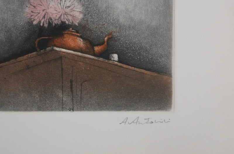 Annapia ANTONINI : La théière et le bouquet de pivoine, Gravure originale signée