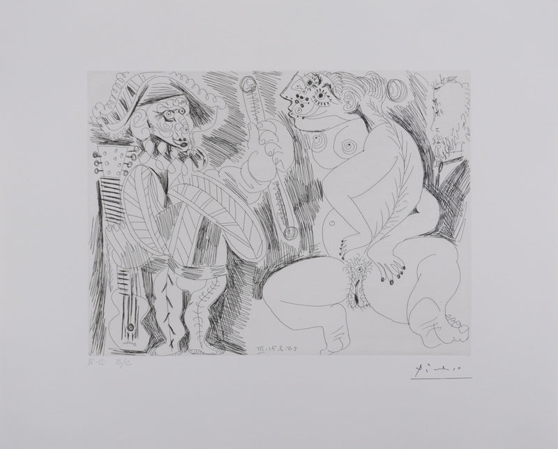 Pablo PICASSO : Les 156, Scène de séduction entre polichinelle et une fille, Gravure originale signée