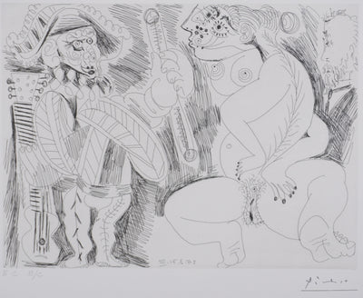 Pablo PICASSO : Les 156, Scène de séduction entre polichinelle et une fille, Gravure originale signée