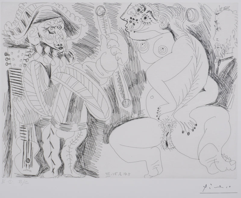 Pablo PICASSO : Les 156, Scène de séduction entre polichinelle et une fille, Gravure originale signée