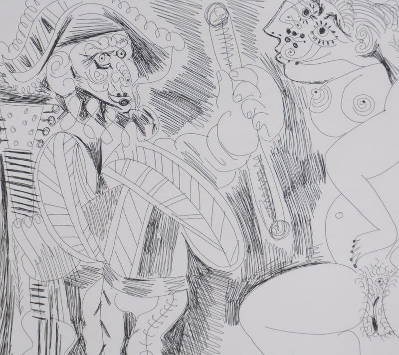 Pablo PICASSO : Les 156, Scène de séduction entre polichinelle et une fille, Gravure originale signée