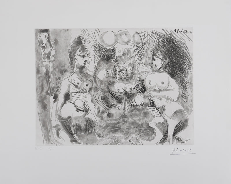 Pablo PICASSO : Les 156, La Maison Tellier, Hibou et Degas appuyé au mur, Gravure originale signée