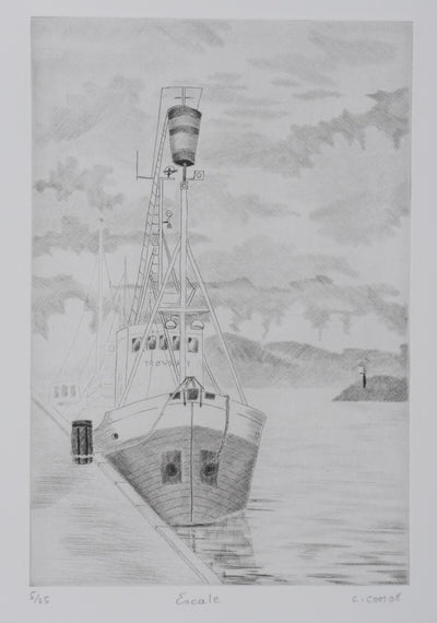 Camille COMBE : Escale, Gravure originale signée