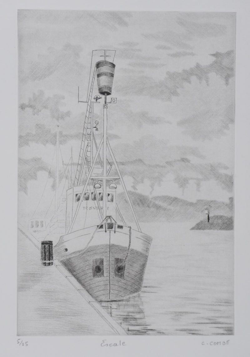 Camille COMBE : Escale, Gravure originale signée