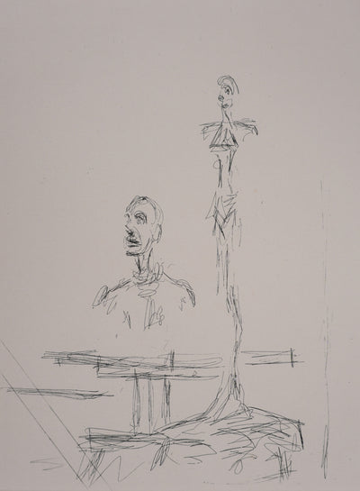 Alberto GIACOMETTI : Dans l'atelier, deux sculptures, Gravure originale