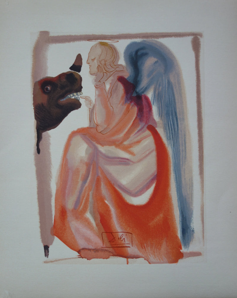 Salvador DALI : Ange et rhinocéros, Bois gravé original signé