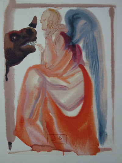 Salvador DALI : Ange et rhinocéros, Bois gravé original signé