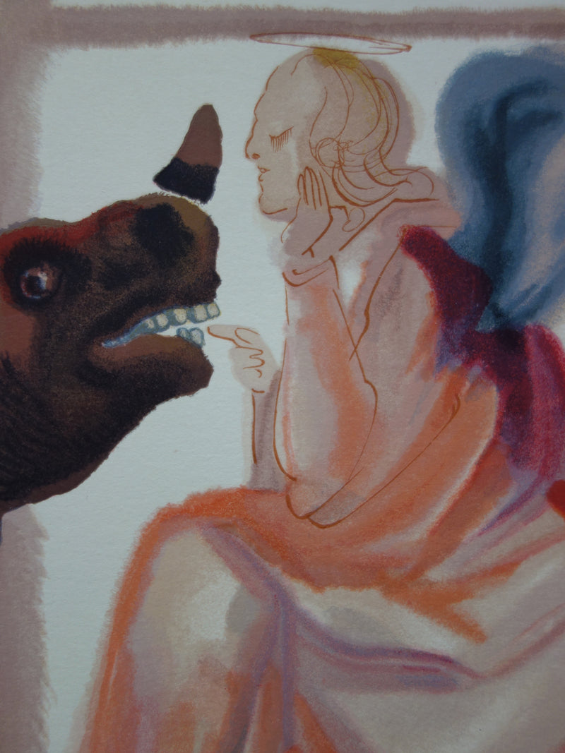 Salvador DALI : Ange et rhinocéros, Bois gravé original signé