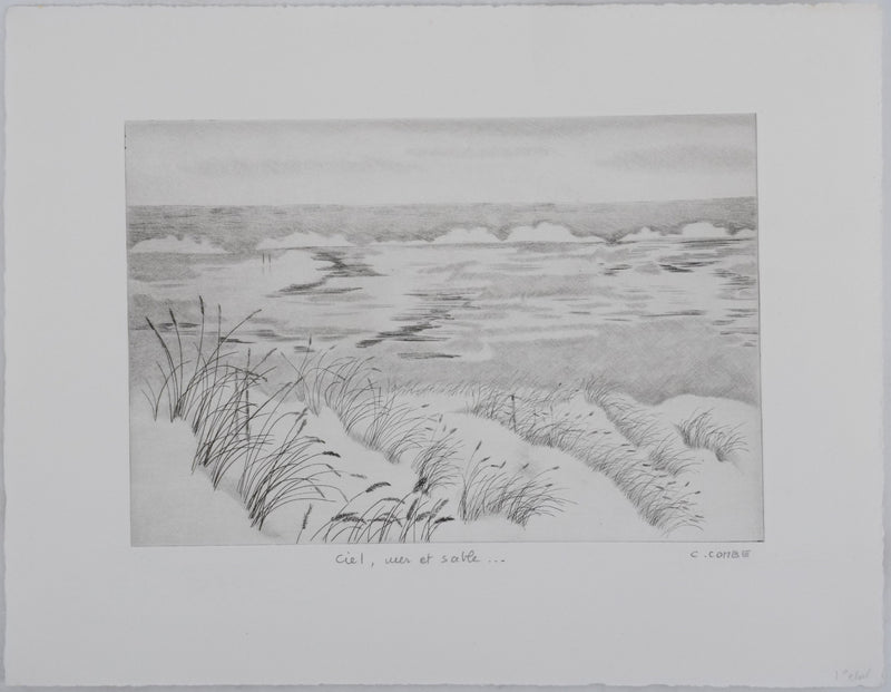 Camille COMBE : Ciel, mer et sable, Gravure originale signée