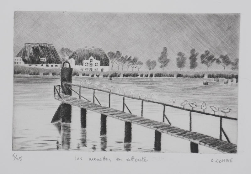 Camille COMBE : Les mouettes en attente, Gravure originale signée