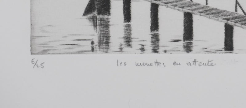 Camille COMBE : Les mouettes en attente, Gravure originale signée