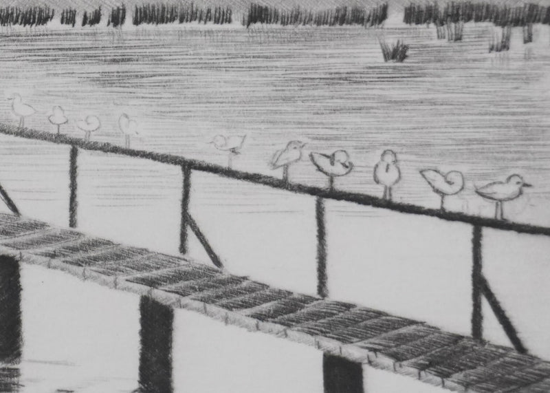 Camille COMBE : Les mouettes en attente, Gravure originale signée