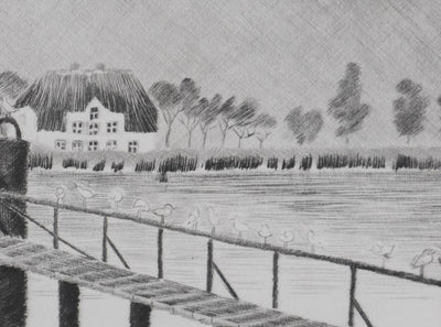 Camille COMBE : Les mouettes en attente, Gravure originale signée