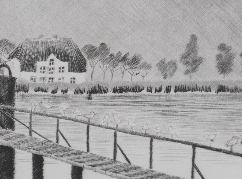 Camille COMBE : Les mouettes en attente, Gravure originale signée