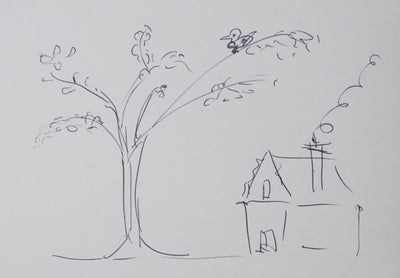 Jean DIWO : La maison sous l'arbre, Autographe et dessin original signé