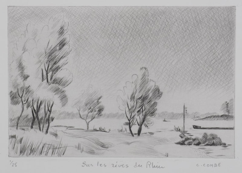 Camille COMBE : Sur les rives du Rhin, Gravure originale signée