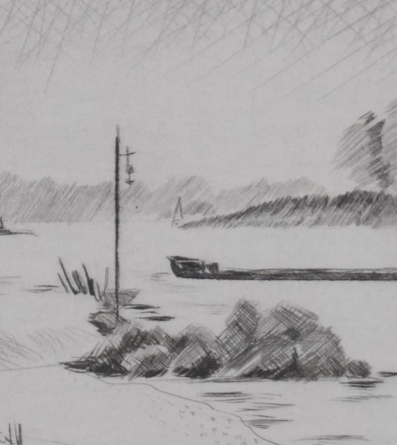 Camille COMBE : Sur les rives du Rhin, Gravure originale signée