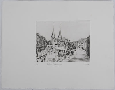 Camille COMBE : Delft, l'Oostpoort, Gravure originale signée