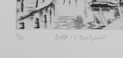 Camille COMBE : Delft, l'Oostpoort, Gravure originale signée