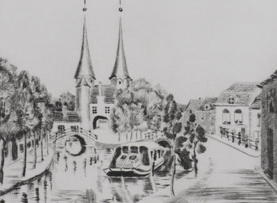 Camille COMBE : Delft, l'Oostpoort, Gravure originale signée