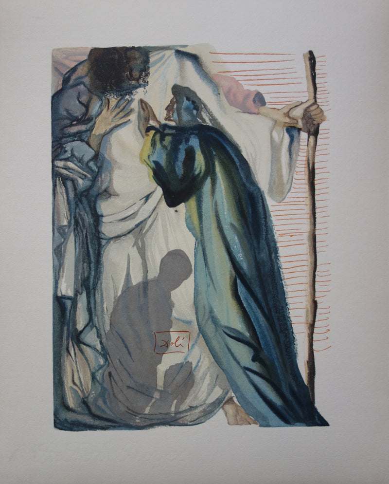 Salvador DALI : Un esprit interroge Dante, Bois gravé original signé