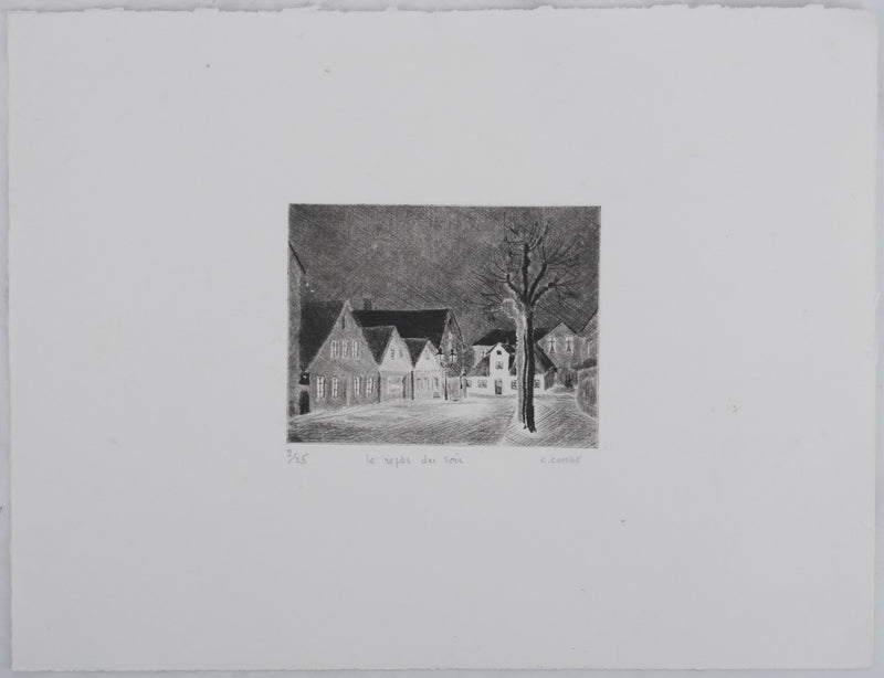 Camille COMBE : Le repos du soir, Gravure originale signée
