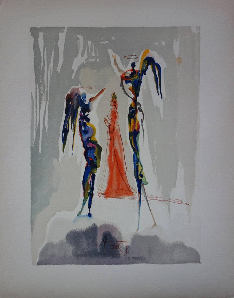 Salvador DALI : Dante et deux anges, Bois gravé original signé