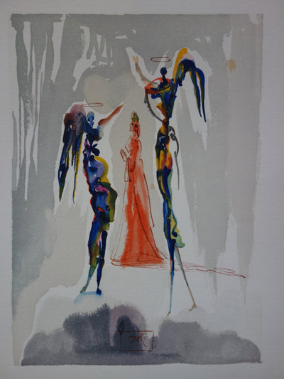 Salvador DALI : Dante et deux anges, Bois gravé original signé