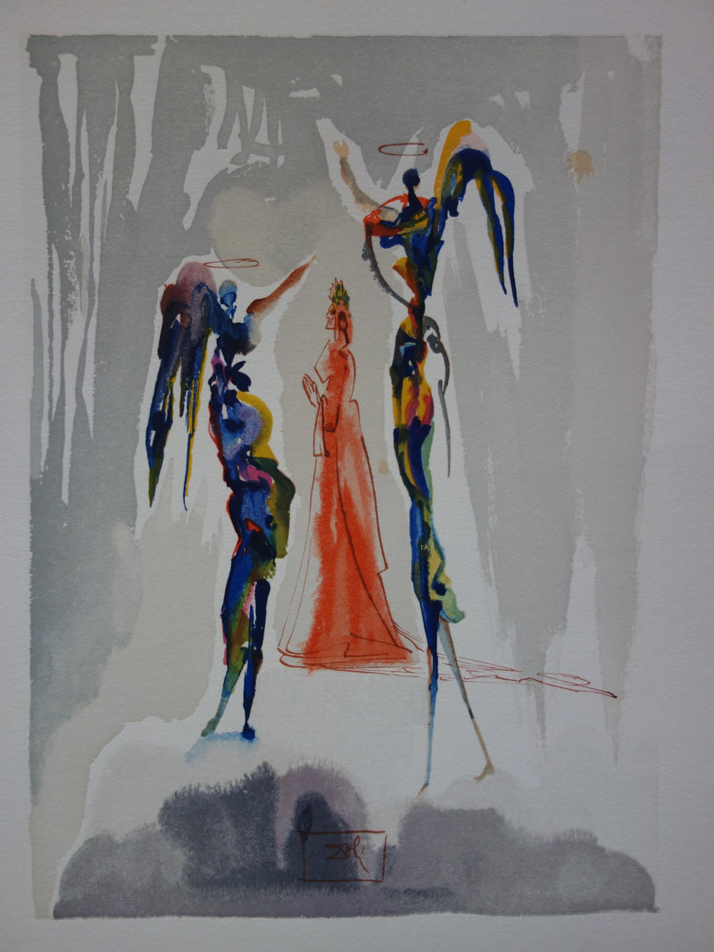 Salvador DALI : Dante et deux anges, Bois gravé original signé