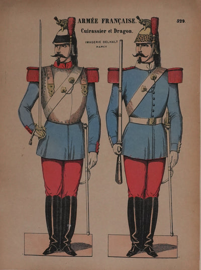 Imagerie Delhalt : L'armée française, Le cuirassier et le dragon, Gravure originale