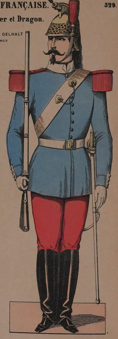 Imagerie Delhalt : L'armée française, Le cuirassier et le dragon, Gravure originale