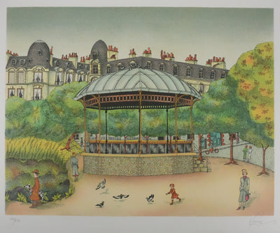 Bernard VERCRUYCE : Le kiosque du parc, Lithographie originale signée