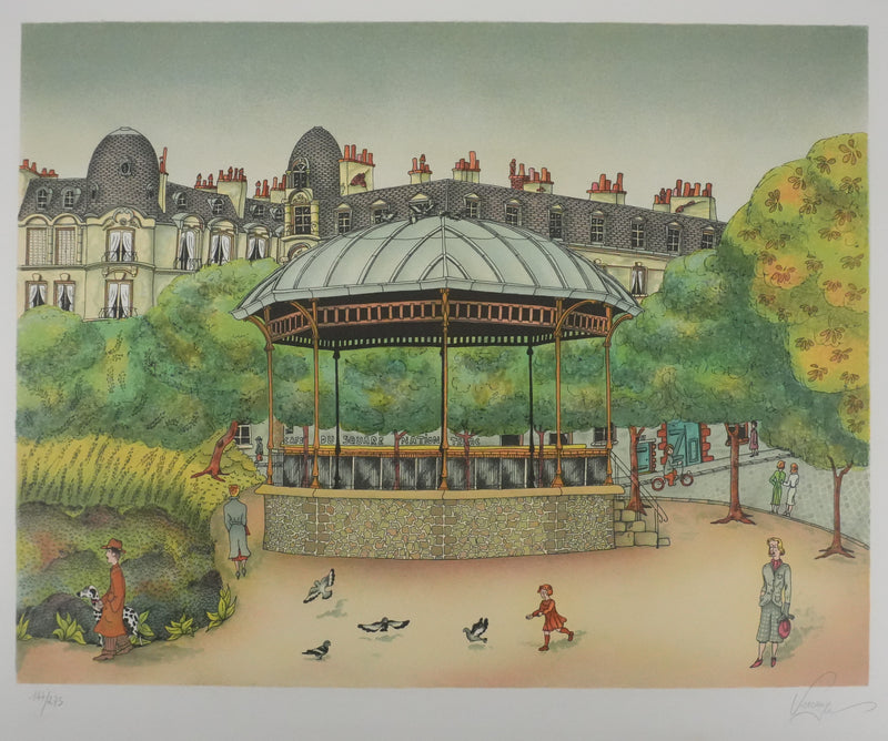Bernard VERCRUYCE : Le kiosque du parc, Lithographie originale signée