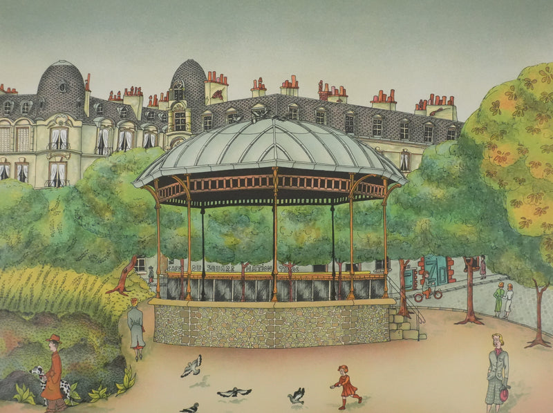 Bernard VERCRUYCE : Le kiosque du parc, Lithographie originale signée